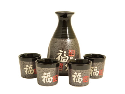Zestaw do sake w kolorze szaro-czarnym ze znakami "Fu" dla 4 osób